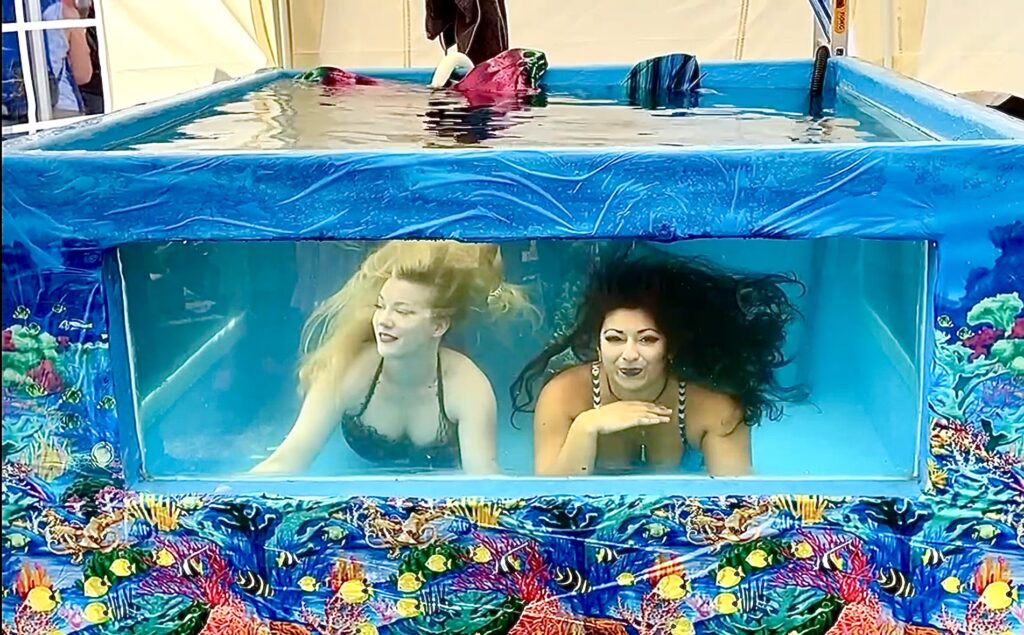 Two mermaids swimming inside a tank
